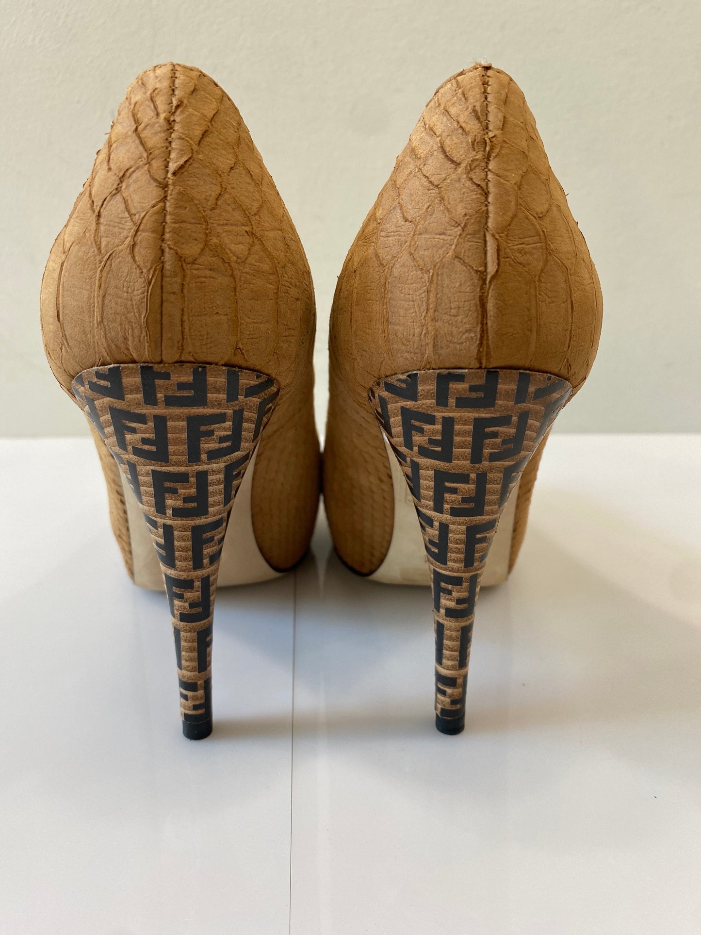 FENDI PYTHON EMBOSSED LEATHER FF LOGO HEEL PLATFORM PUMPS