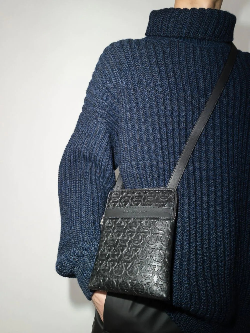 FERRAGAMO GANCINI EMBOSSED LEATHER SMALL MESSENGER BAG