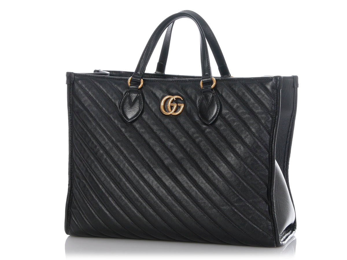 Gucci Black MatelassÃ© Diagonal GG Marmont Tote