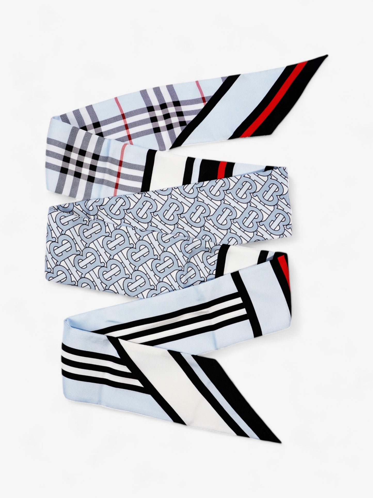 Burberry Triple Check Monogram Stripe Skinny Scarf Pale Blue Silk