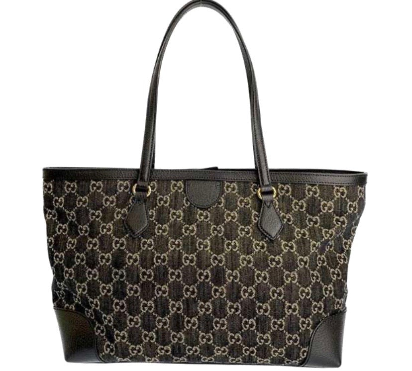 GUCCI JACQUARD GG MONOGRAM OPHIDIA MEDIUM DENIM TOTE BAG