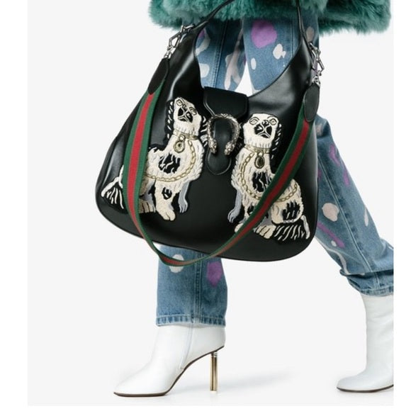 GUCCI CALFSKIN KING CHARLES SPANIEL DOGS EMBROIDERED LARGE DIONYSUS HOBO
