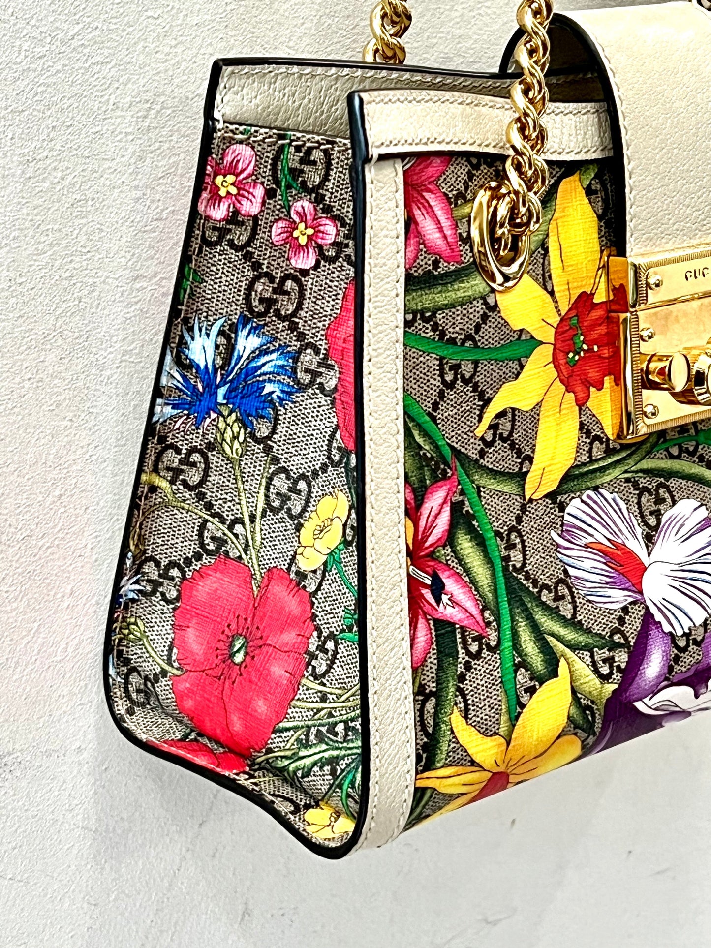 GUCCI GG SUPREME FLORA PADLOCK CHAIN SMALL TOTE BAG