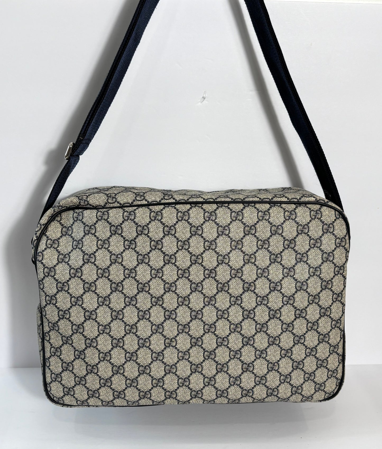 GUCCI GG PLUS MONOGRAM COATED CANVAS MESSENGER BAG NAVY