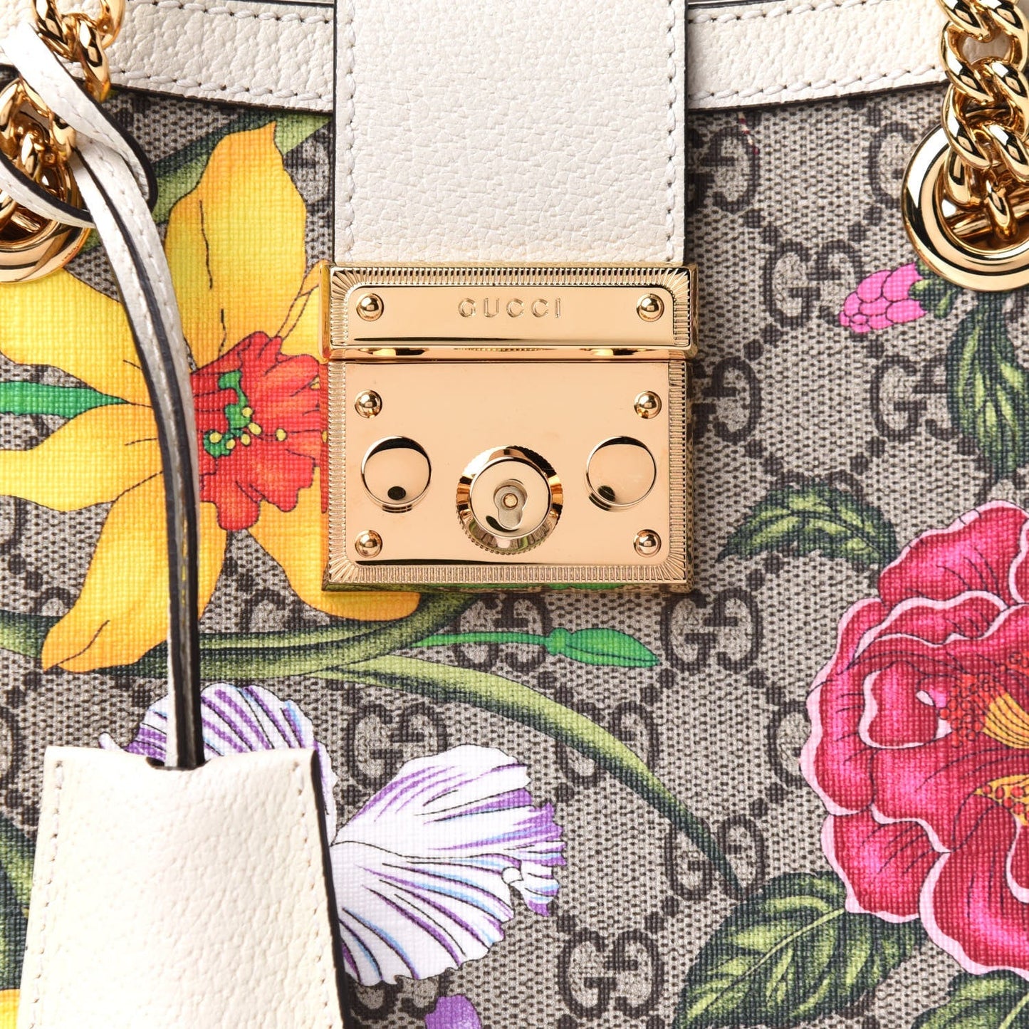GUCCI GG SUPREME FLORA PADLOCK CHAIN SMALL TOTE BAG