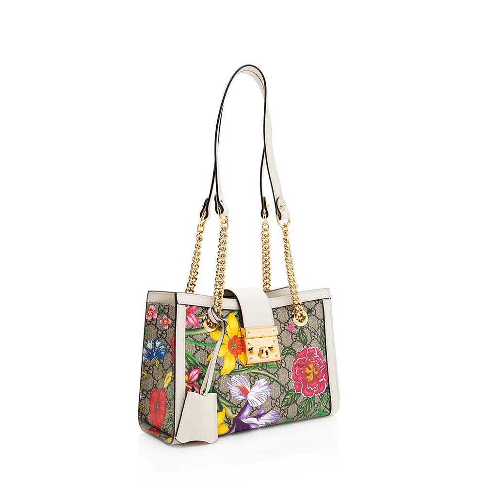 GUCCI GG SUPREME FLORA PADLOCK CHAIN SMALL TOTE BAG