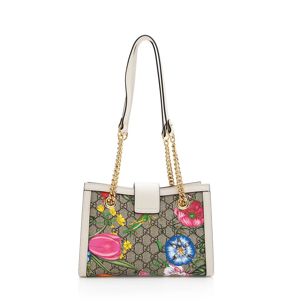 GUCCI GG SUPREME FLORA PADLOCK CHAIN SMALL TOTE BAG