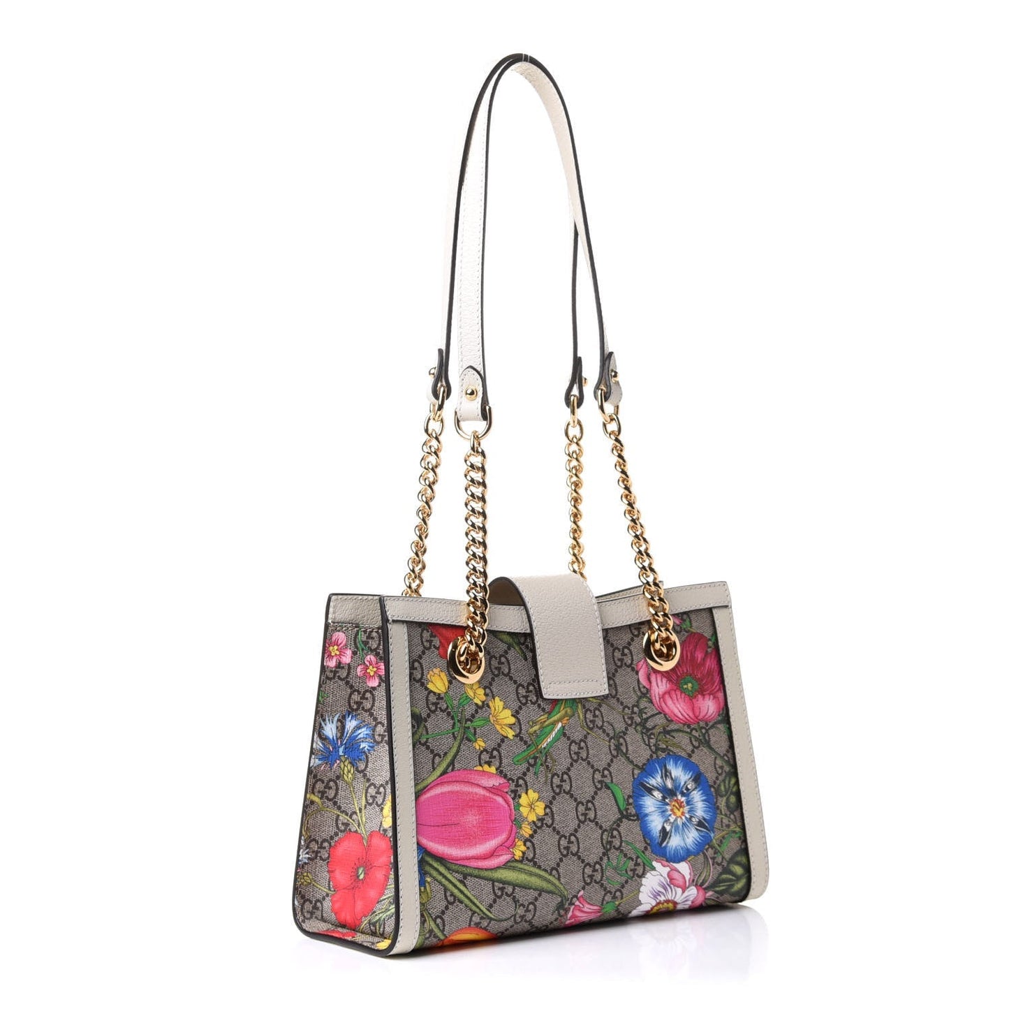 GUCCI GG SUPREME FLORA PADLOCK CHAIN SMALL TOTE BAG