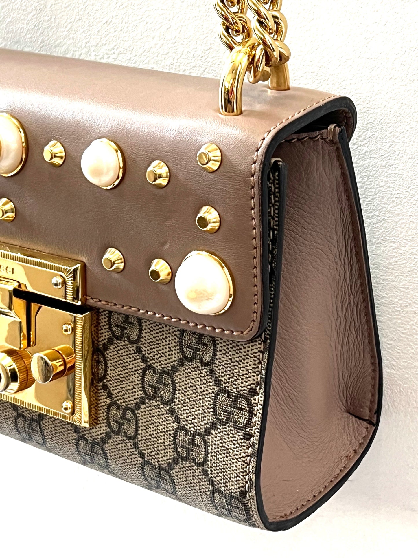 GUCCI GG SUPREME MONOGRAM STUDDED SMALL PADLOCK SHOULDER BAG