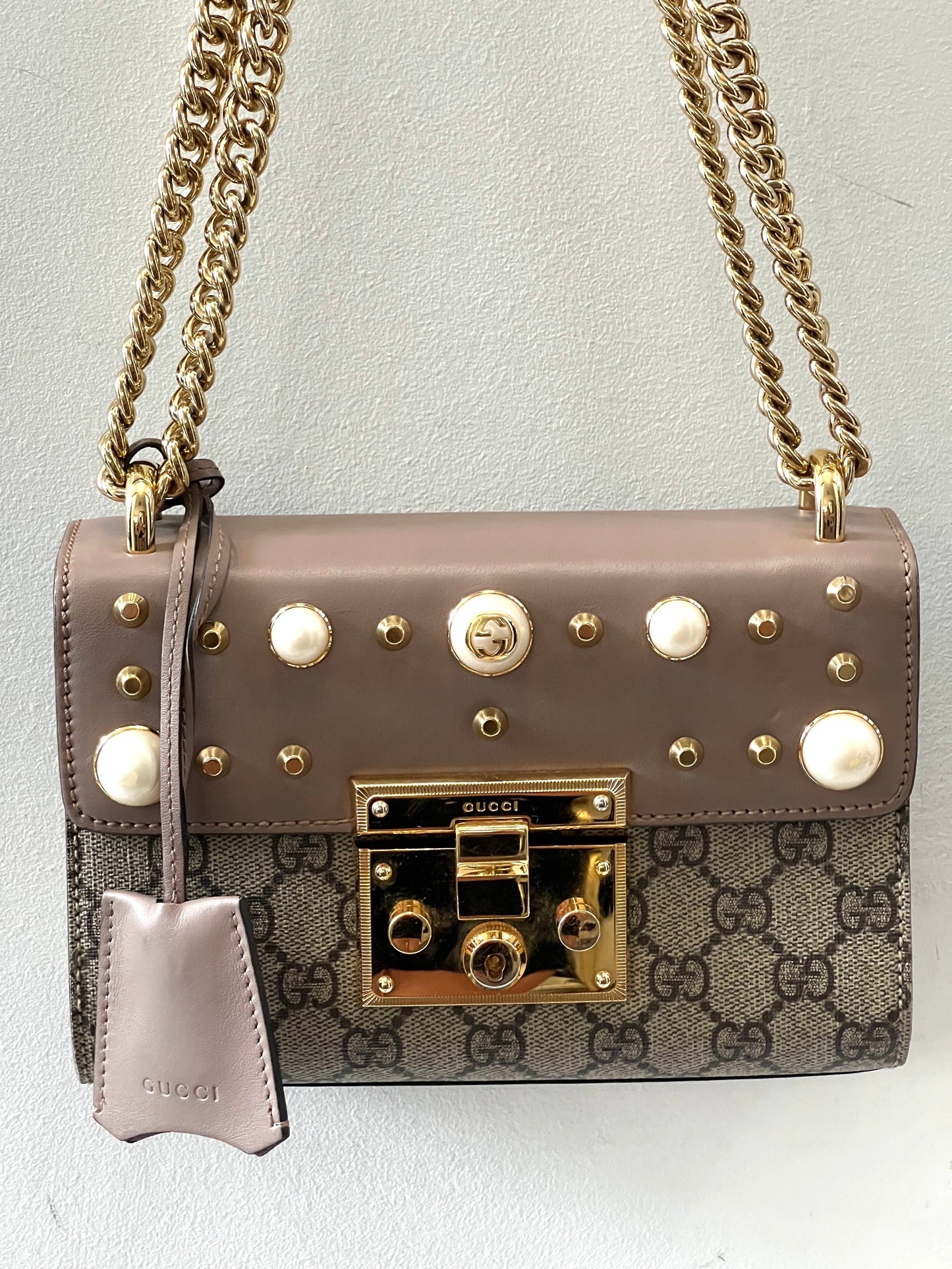 GUCCI GG SUPREME MONOGRAM STUDDED SMALL PADLOCK SHOULDER BAG