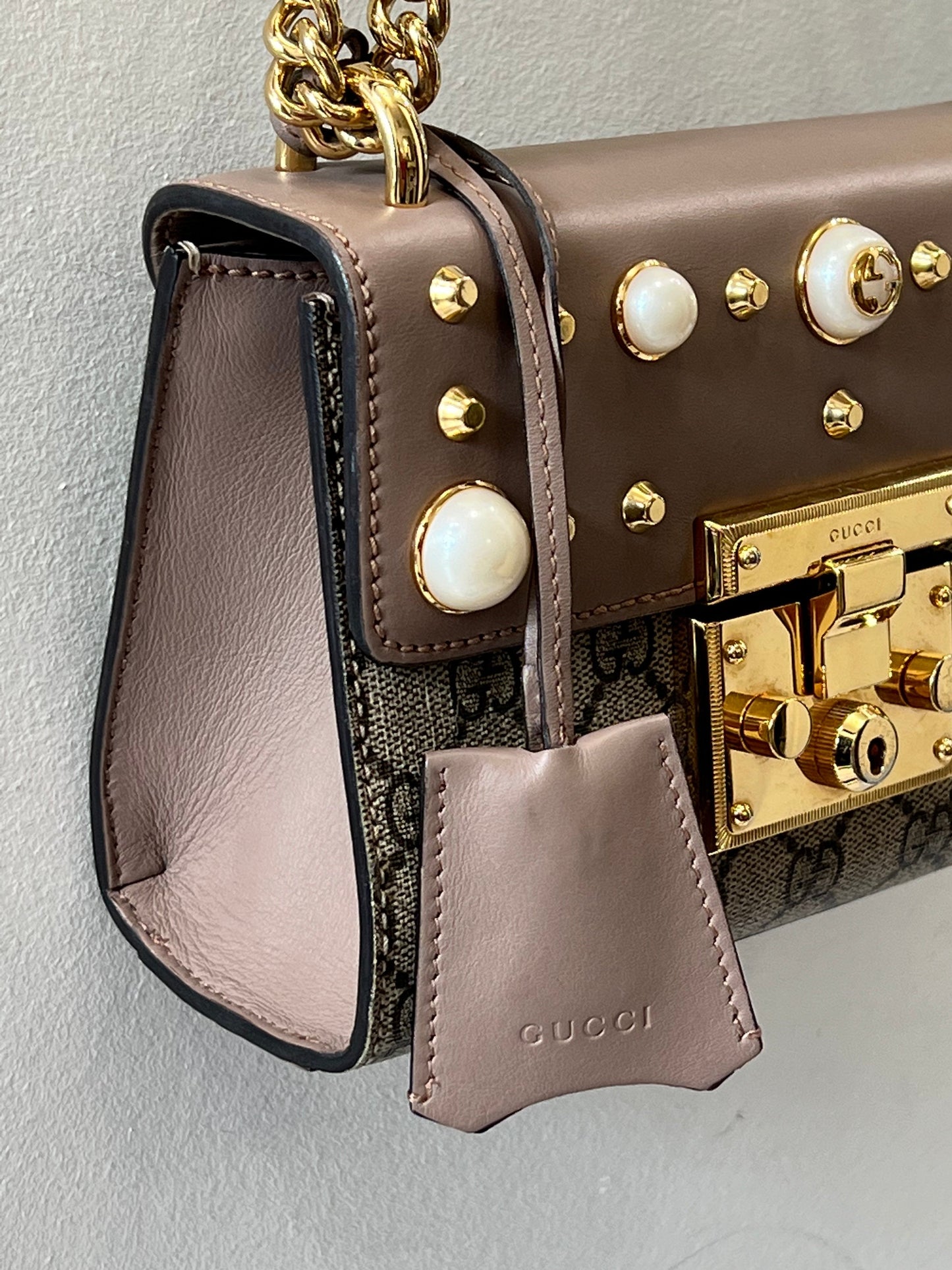 GUCCI GG SUPREME MONOGRAM STUDDED SMALL PADLOCK SHOULDER BAG