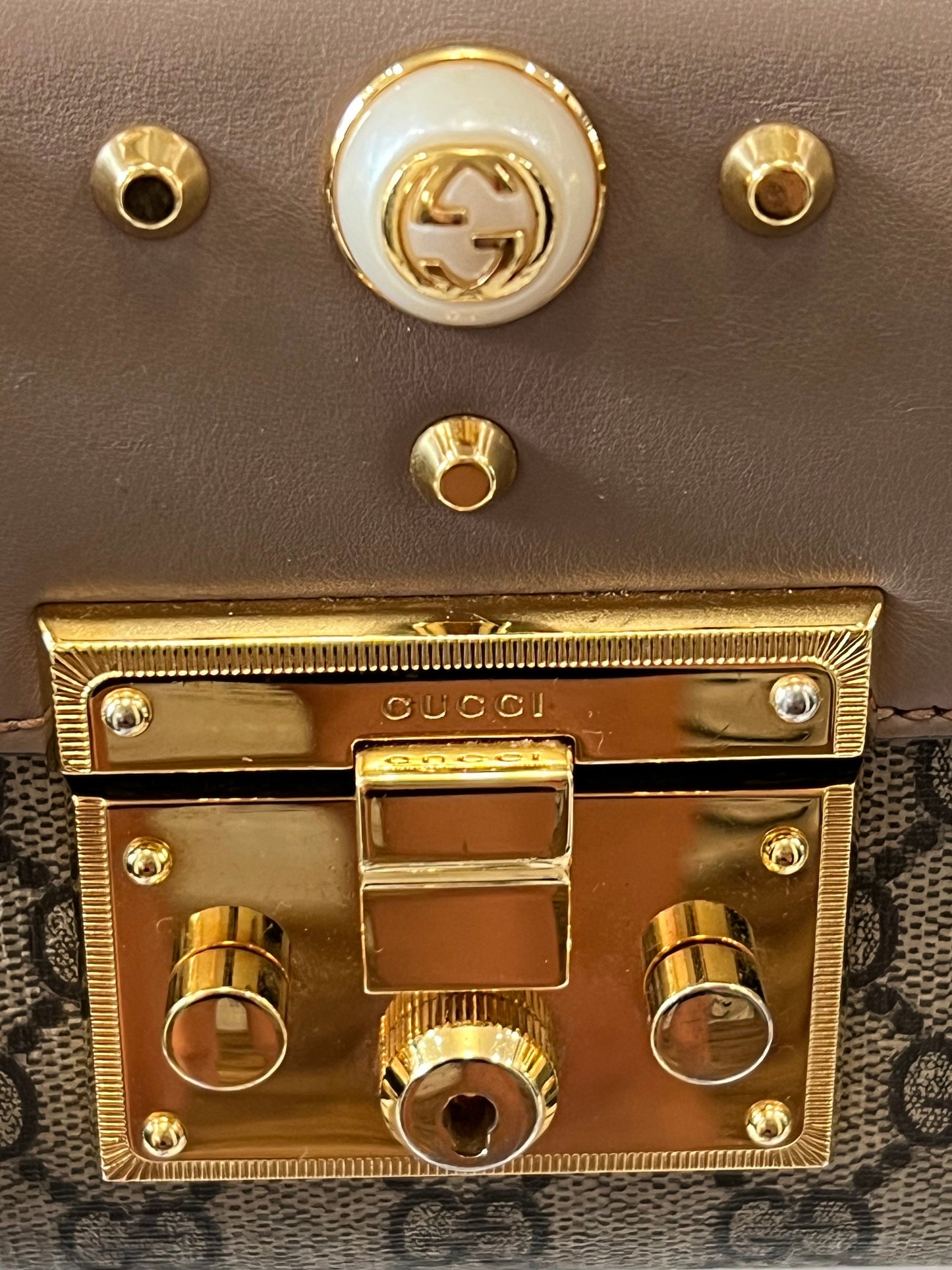 GUCCI GG SUPREME MONOGRAM STUDDED SMALL PADLOCK SHOULDER BAG