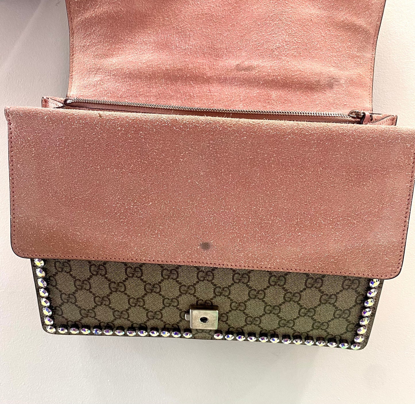 GUCCI GG SUPREME MONOGRAM DIONYSUS SUEDE CRYSTAL MEDIUM SHOULDER BAG