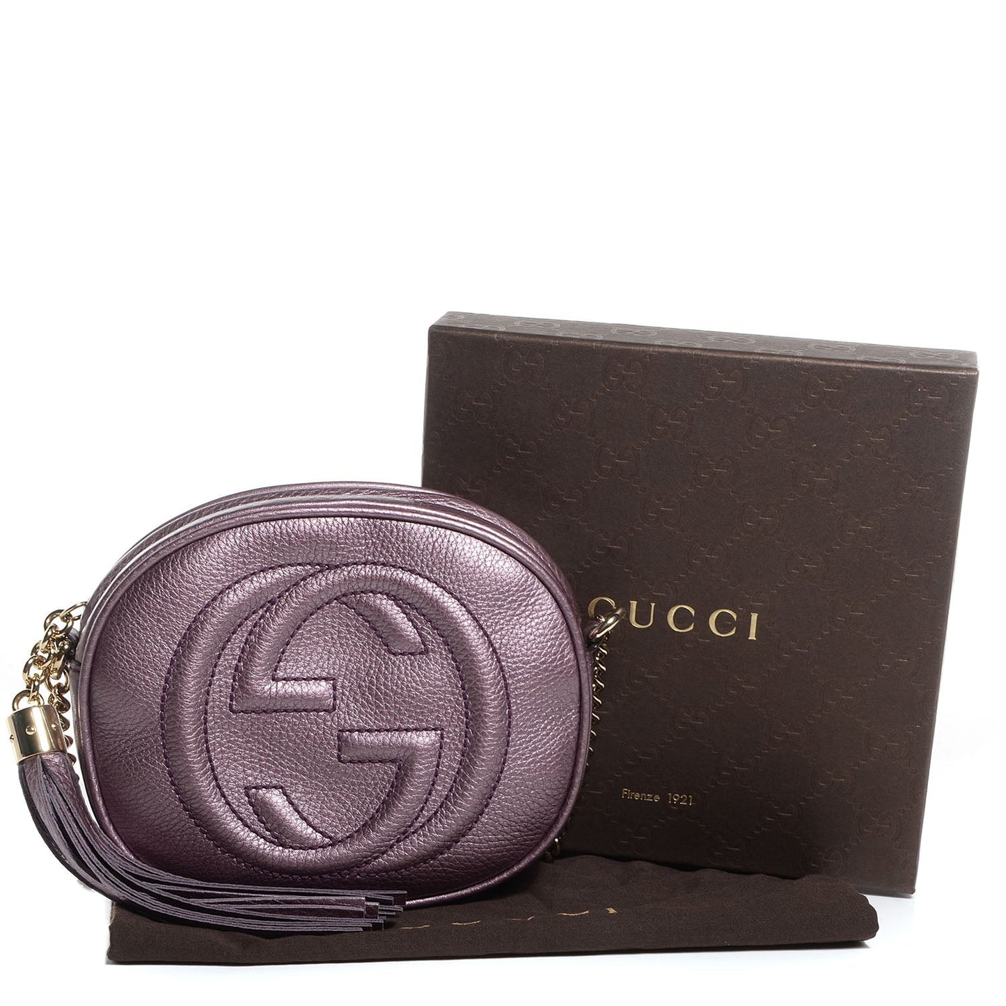 GUCCI METALLIC PEBBLED CALFSKIN MINI SOHO CHAIN BAG