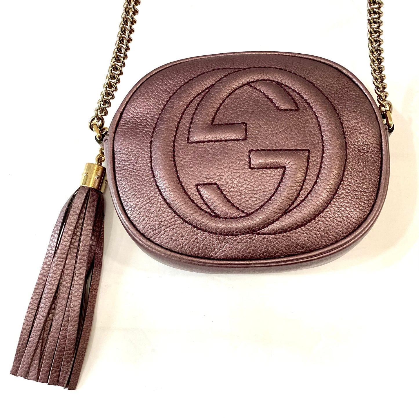 GUCCI METALLIC PEBBLED CALFSKIN MINI SOHO CHAIN BAG