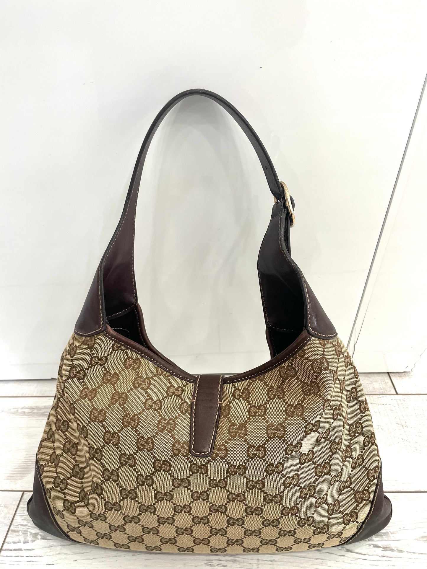 GUCCI MONOGRAM VINTAGE WEB JACKIE O BOUVIER HOBO BAG