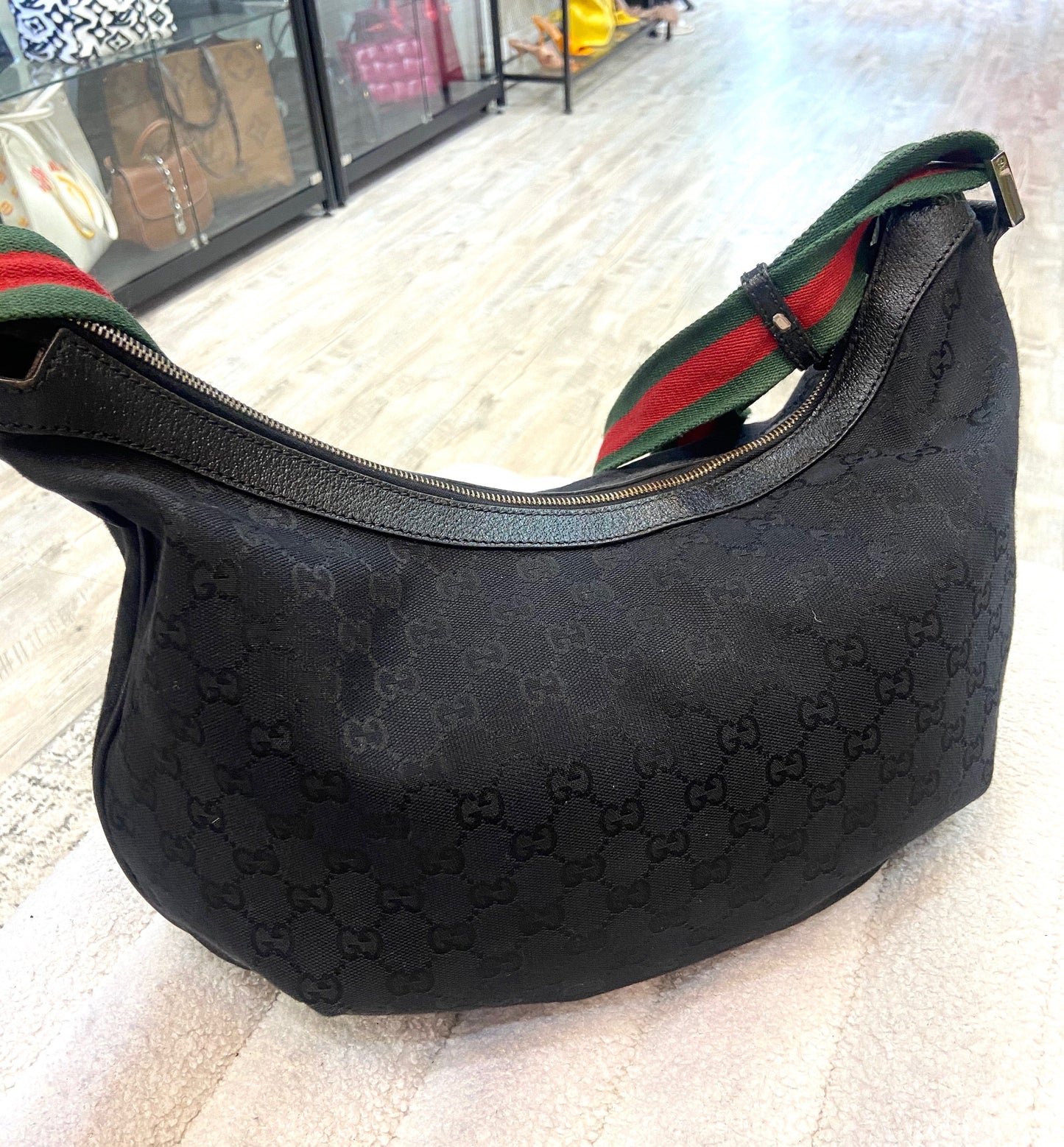 GUCCI GG MONOGRAM WEB HALF MOON HOBO BAG