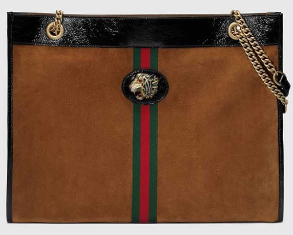 GUCCI BROWN SUEDE TIGER WEB RAJAH LARGE TOTE BAG