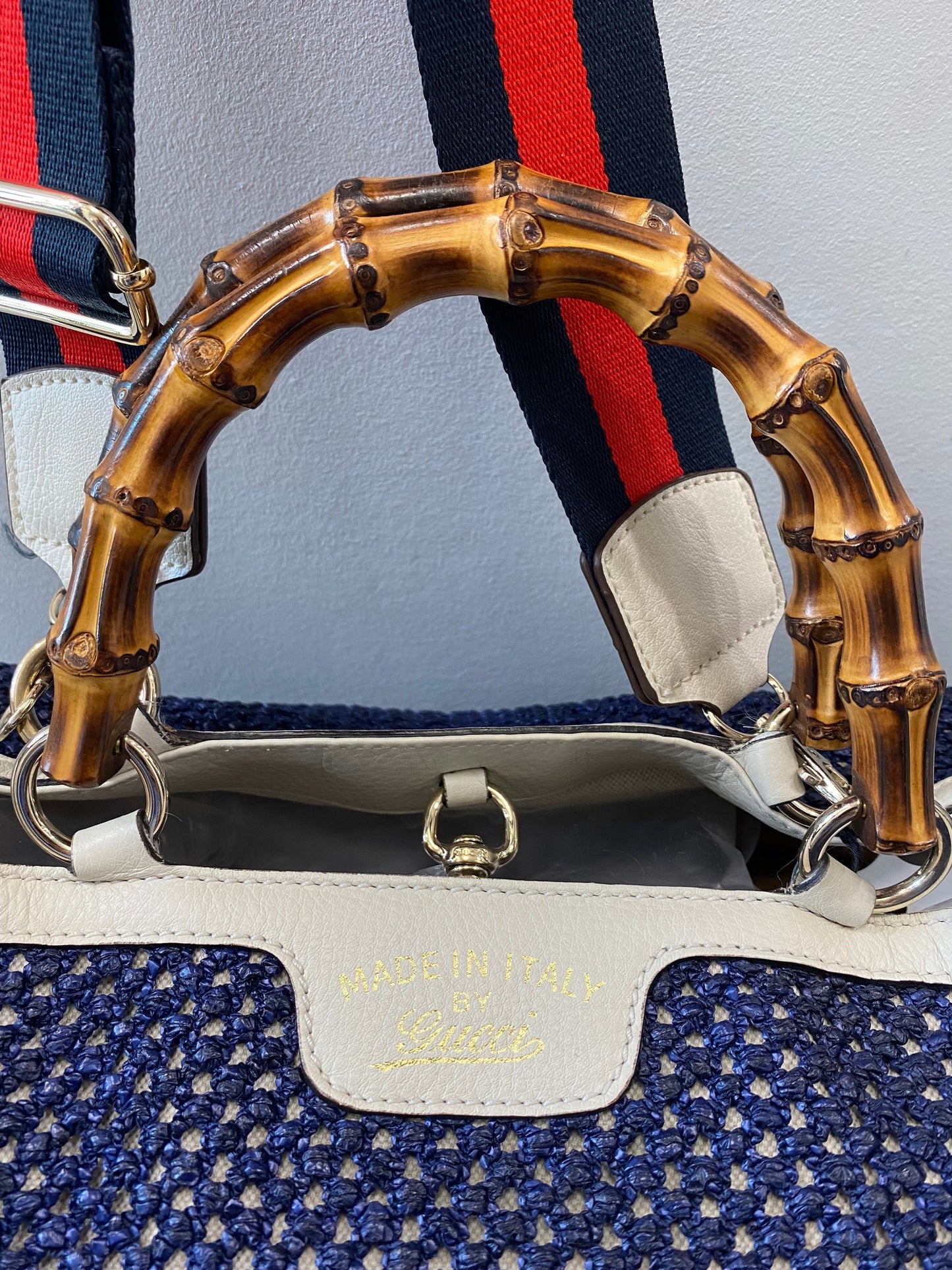 GUCCI VINTAGE WEB STRAP BAMBOO HANDLE TOTE BAG WITH SHOULDER STRAP