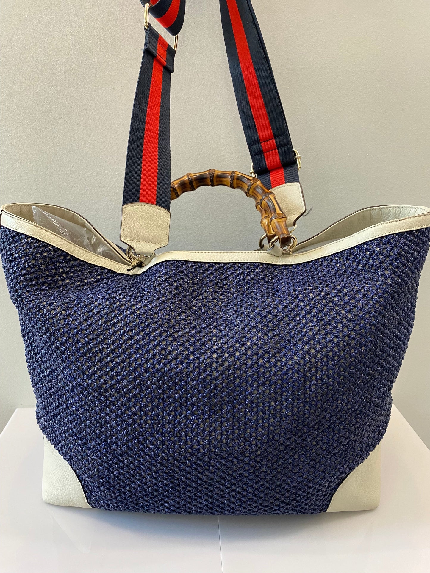 GUCCI VINTAGE WEB STRAP BAMBOO HANDLE TOTE BAG WITH SHOULDER STRAP