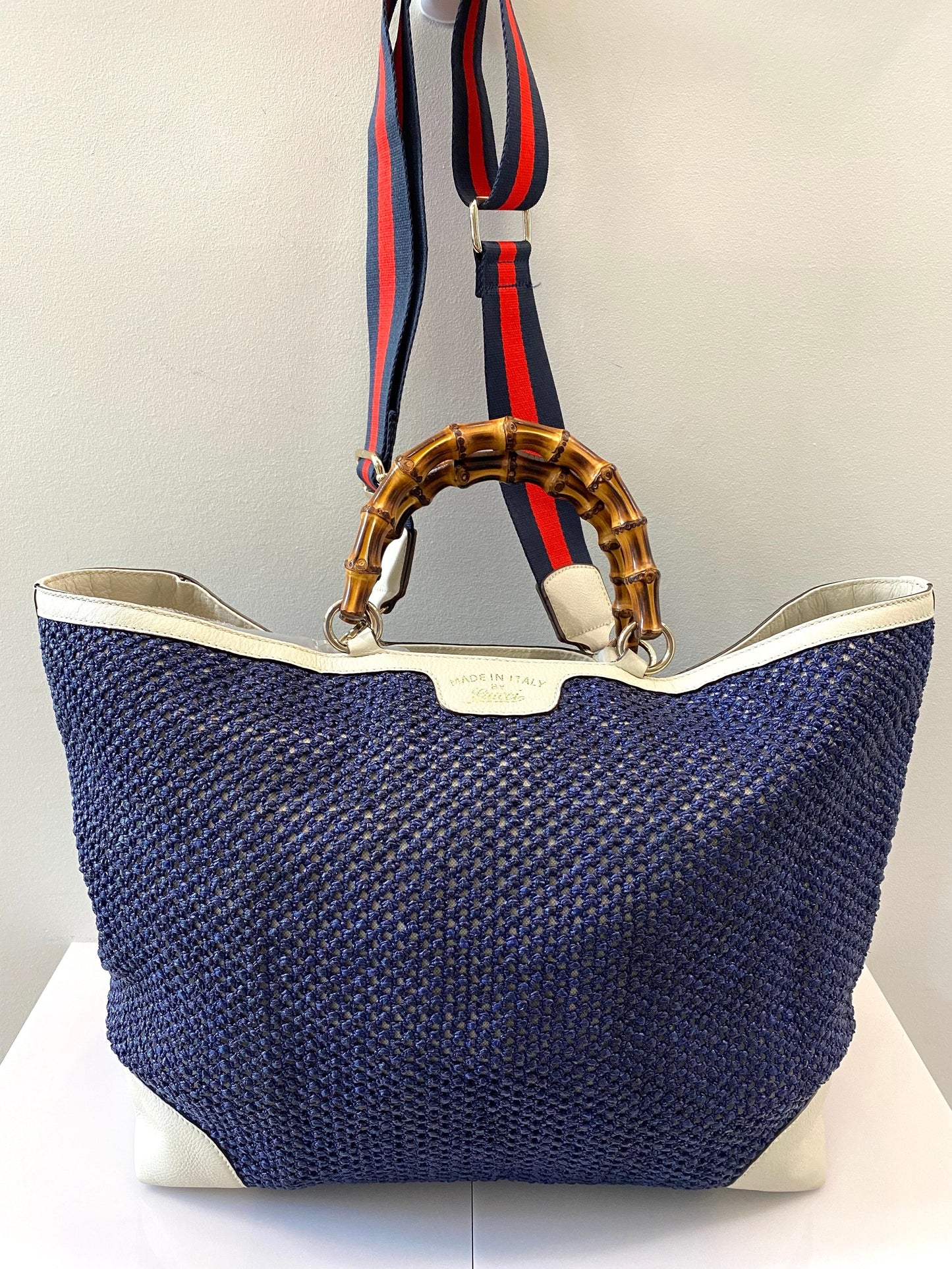 GUCCI VINTAGE WEB STRAP BAMBOO HANDLE TOTE BAG WITH SHOULDER STRAP