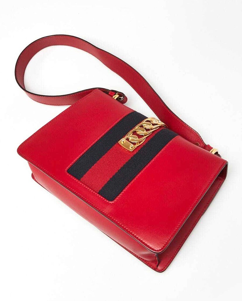 GUCCI CALFSKIN LEATHER WEB MEDIUM SYLVIE SHOULDER BAG