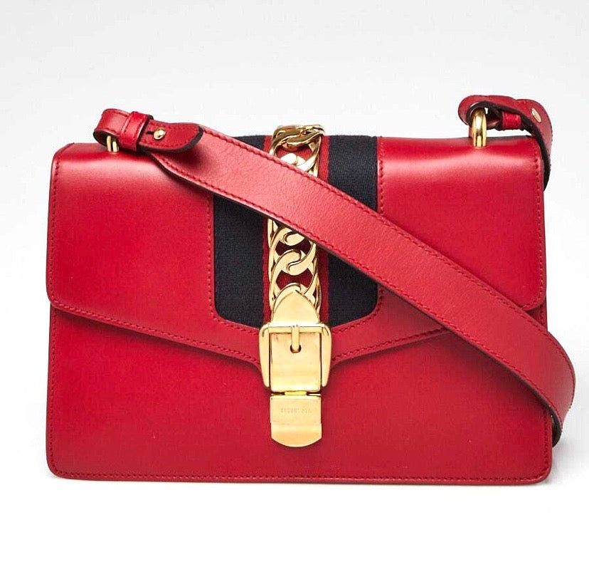 GUCCI CALFSKIN LEATHER WEB MEDIUM SYLVIE SHOULDER BAG