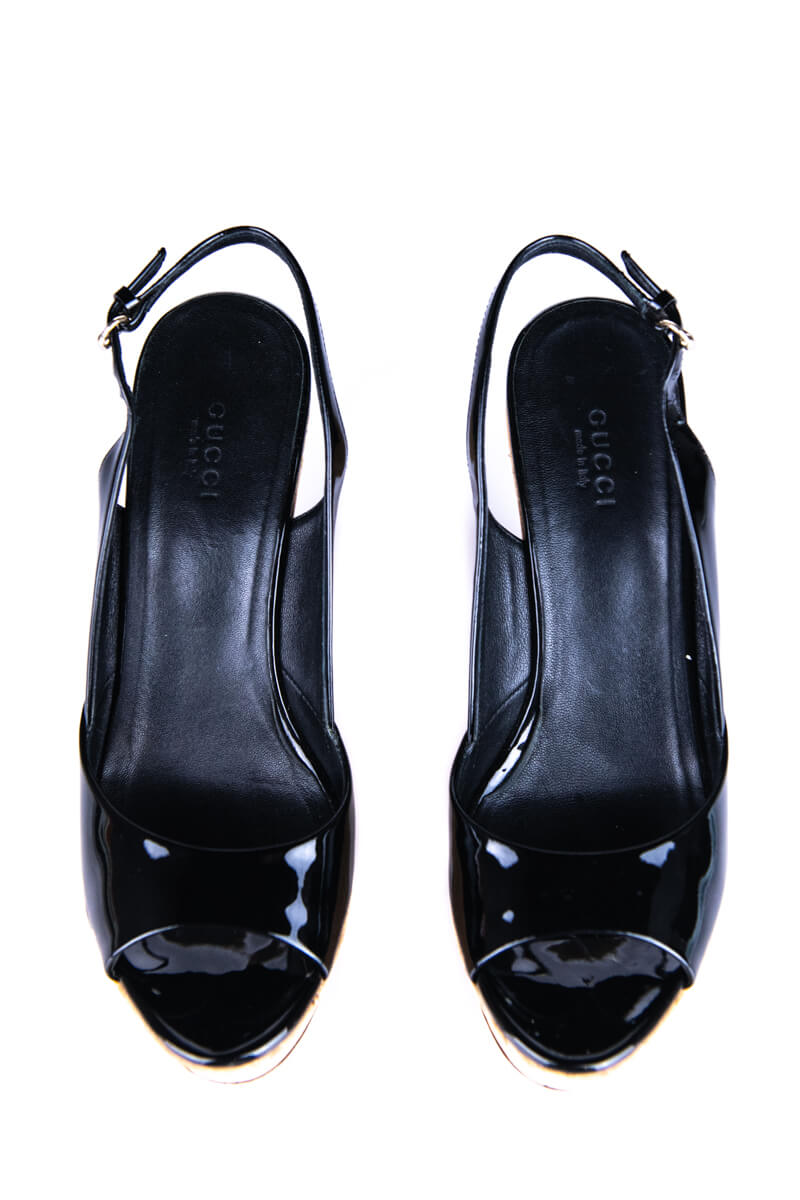 Gucci Black Patent Leather Cork Slingback Pumps Size 8 | EU 38