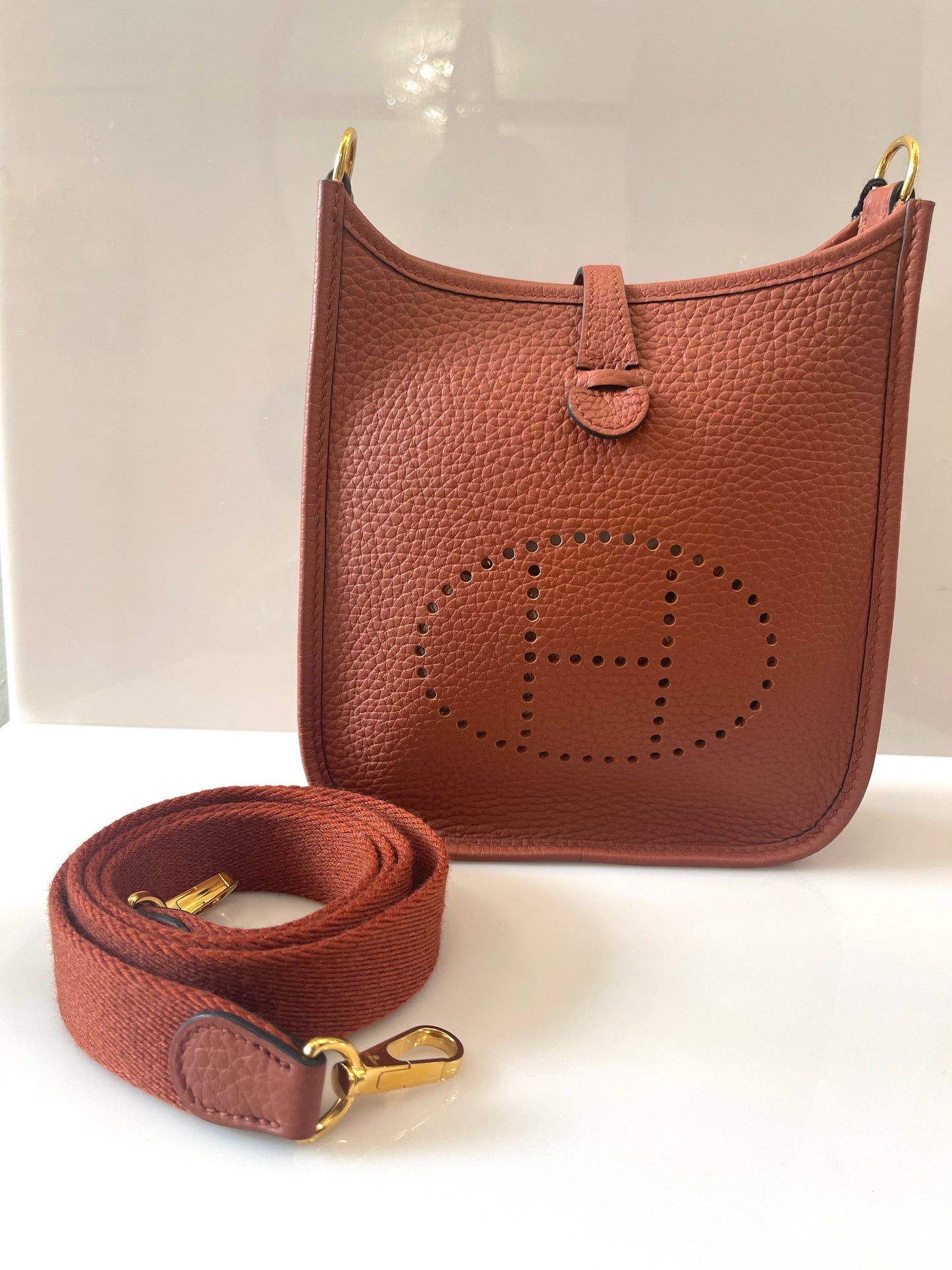 HERMÈS CLEMENCE MINI EVELYN TPM CROSSBODY BAG IN ROUGE PIVOINE
