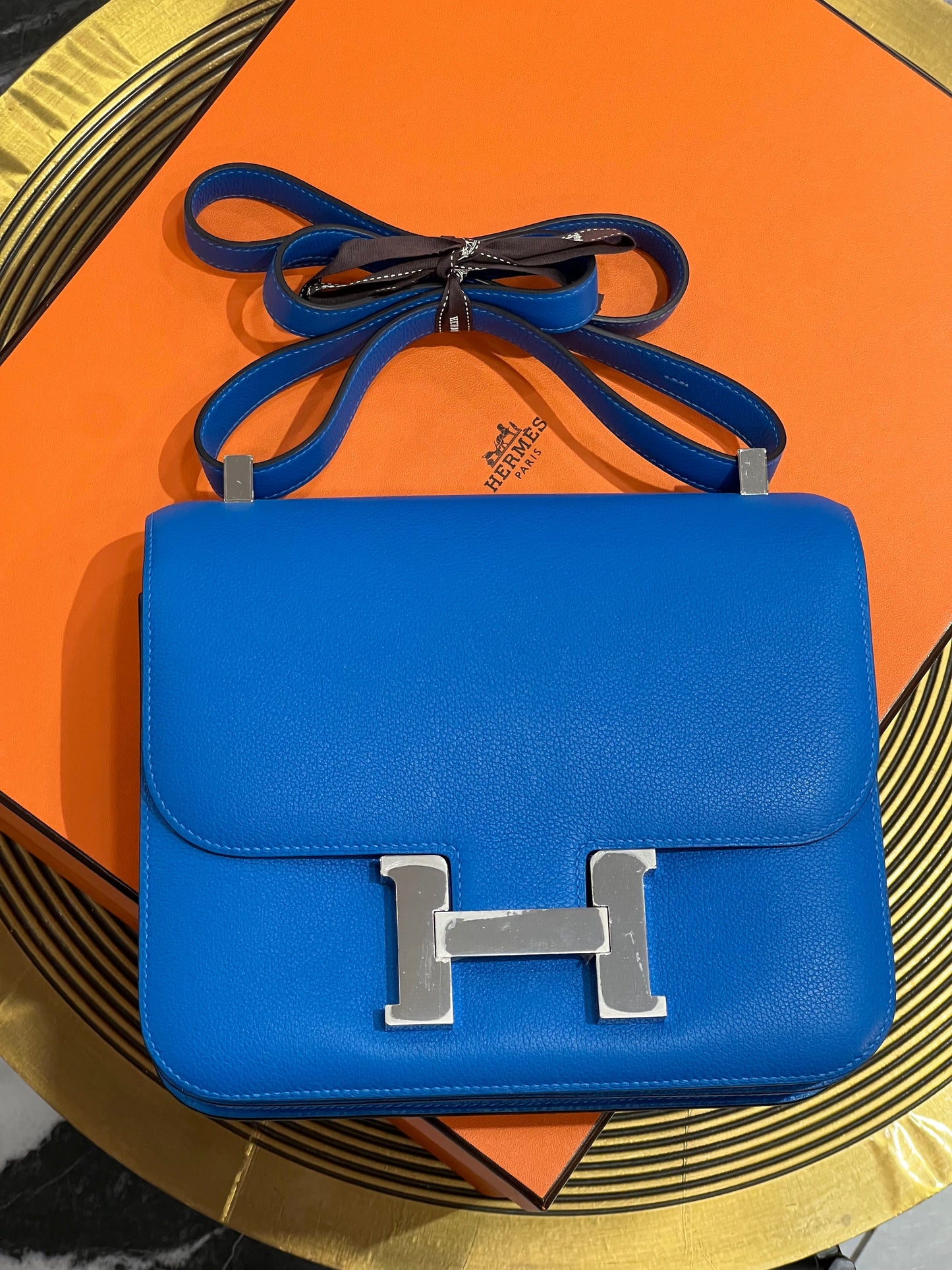 HERMÈS CONSTANCE 24 EPSOM LEATHER PALLADIUM HARDWARE BLUE IZMIR
