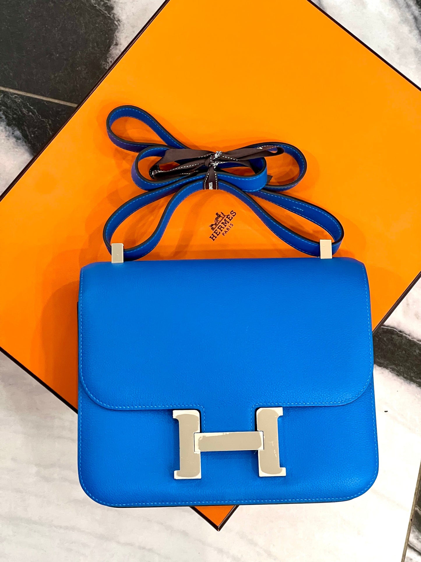HERMÈS CONSTANCE 24 EPSOM LEATHER PALLADIUM HARDWARE BLUE IZMIR