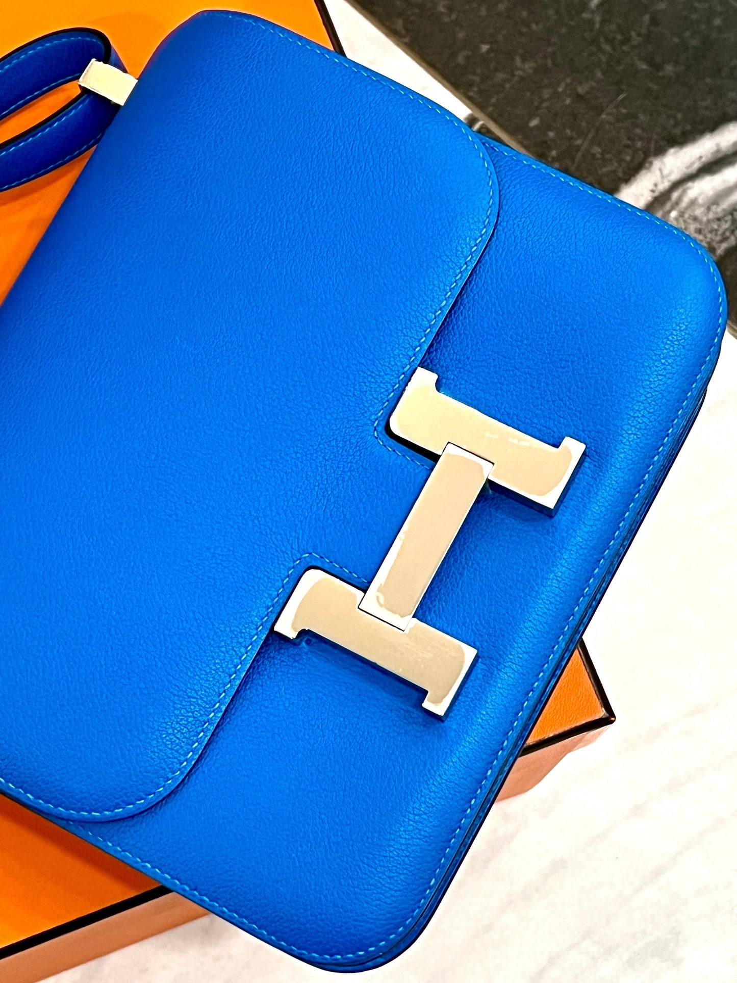 HERMÈS CONSTANCE 24 EPSOM LEATHER PALLADIUM HARDWARE BLUE IZMIR
