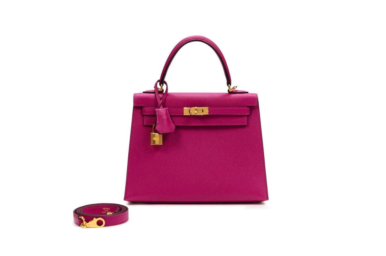 HERMÈS KELLY 25 CLEMENCE LEATHER BAG IN ROSE EXTREME