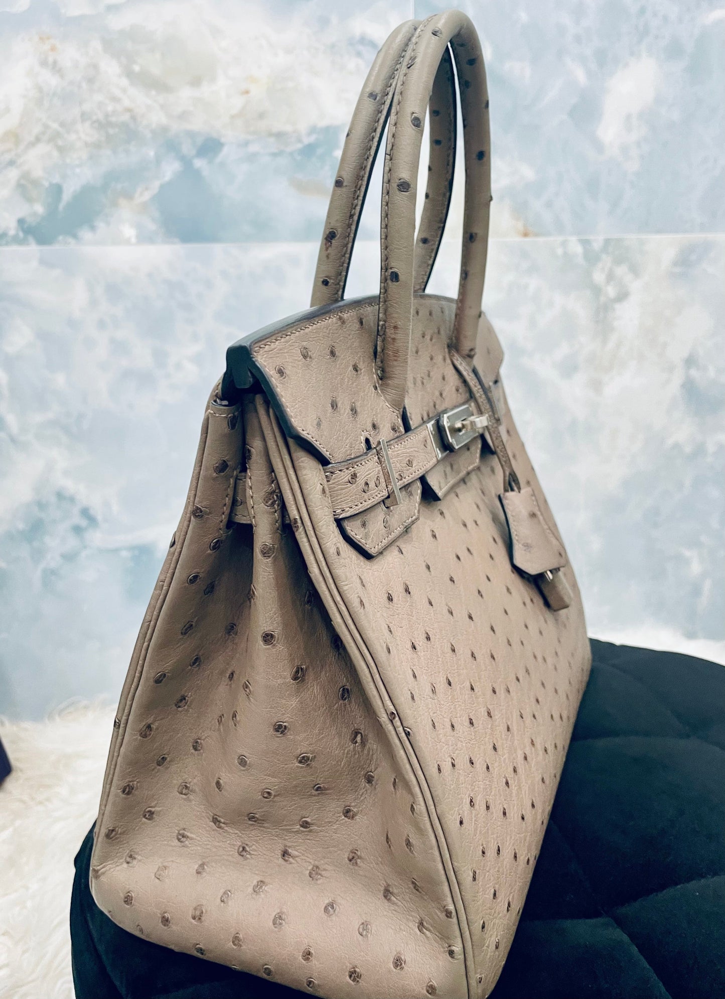 HERMÈS BIRKIN 30 OSTRICH PALLADIUM HARDWARE HANDBAG – MOUSSE (2016)