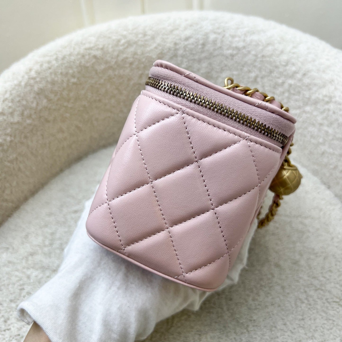 GLM-Pearl Crush Adjustable Chain Small Vanity in 24K Light Pink Lambskin and AGHW