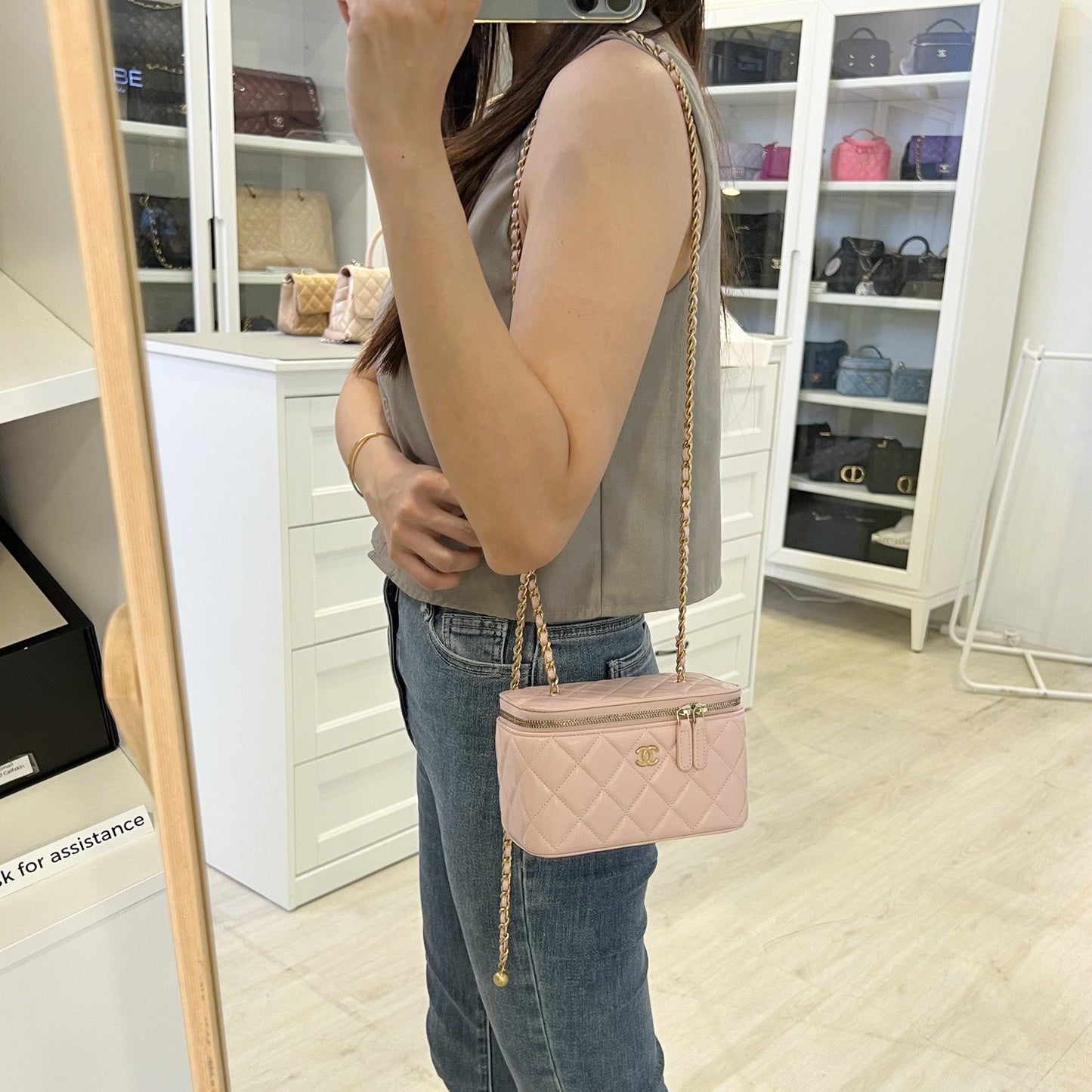 GLM-Pearl Crush Adjustable Chain Small Vanity in 24K Light Pink Lambskin and AGHW