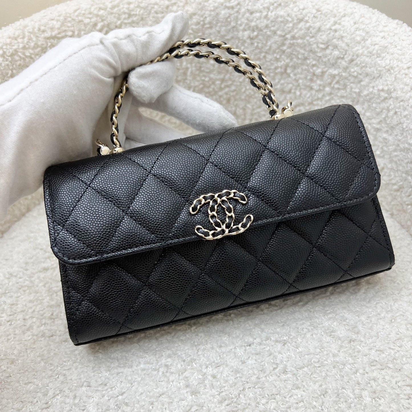 GLM-25S Top Handle Kelly Clutch with Chain in Black Caviar and GHW