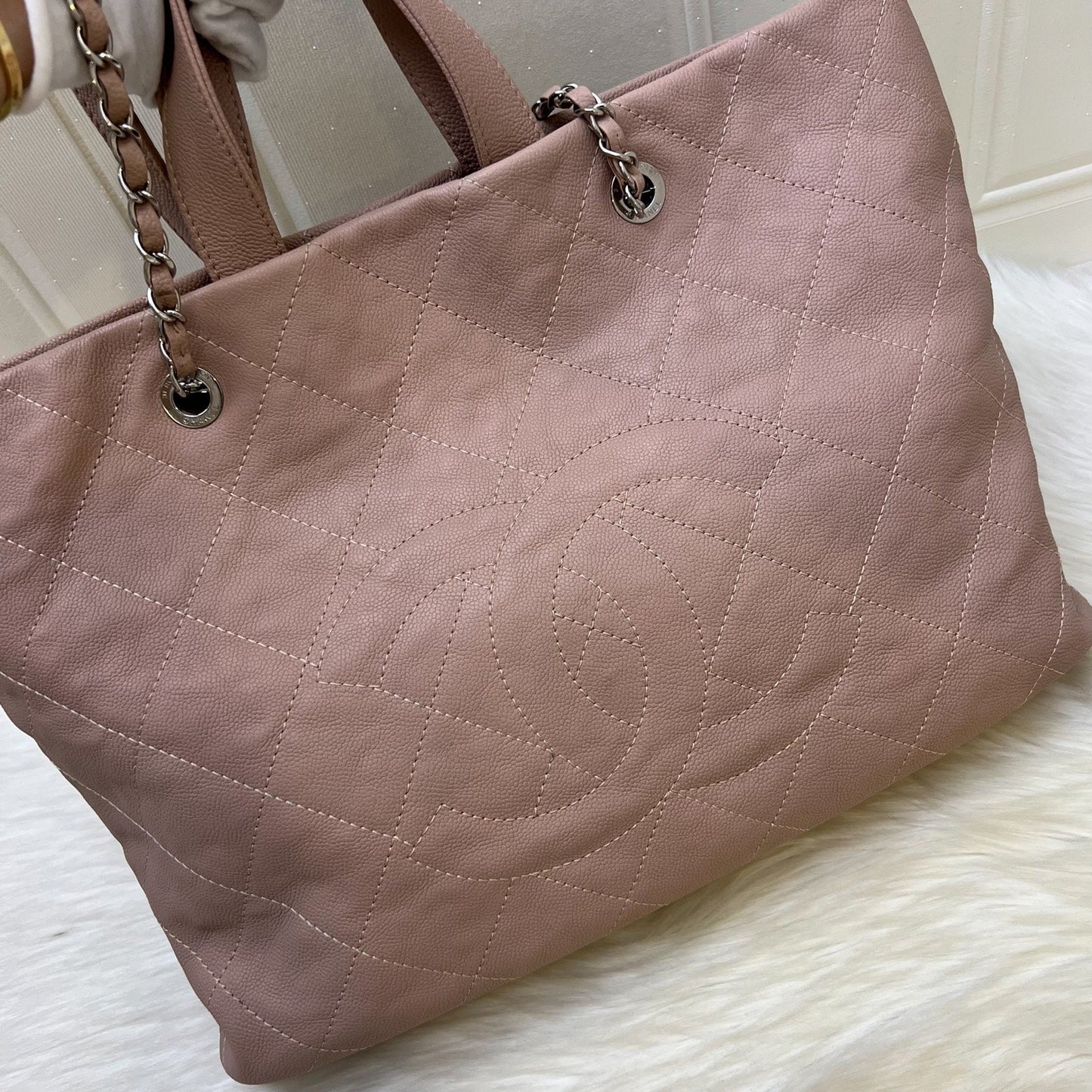 GLM-Large Quilted Tote Bag in Pink Caviar and SHW
