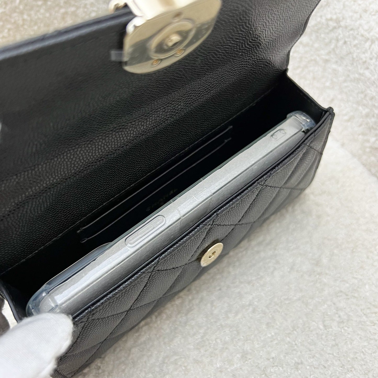 GLM-25S Top Handle Kelly Clutch with Chain in Black Caviar and GHW