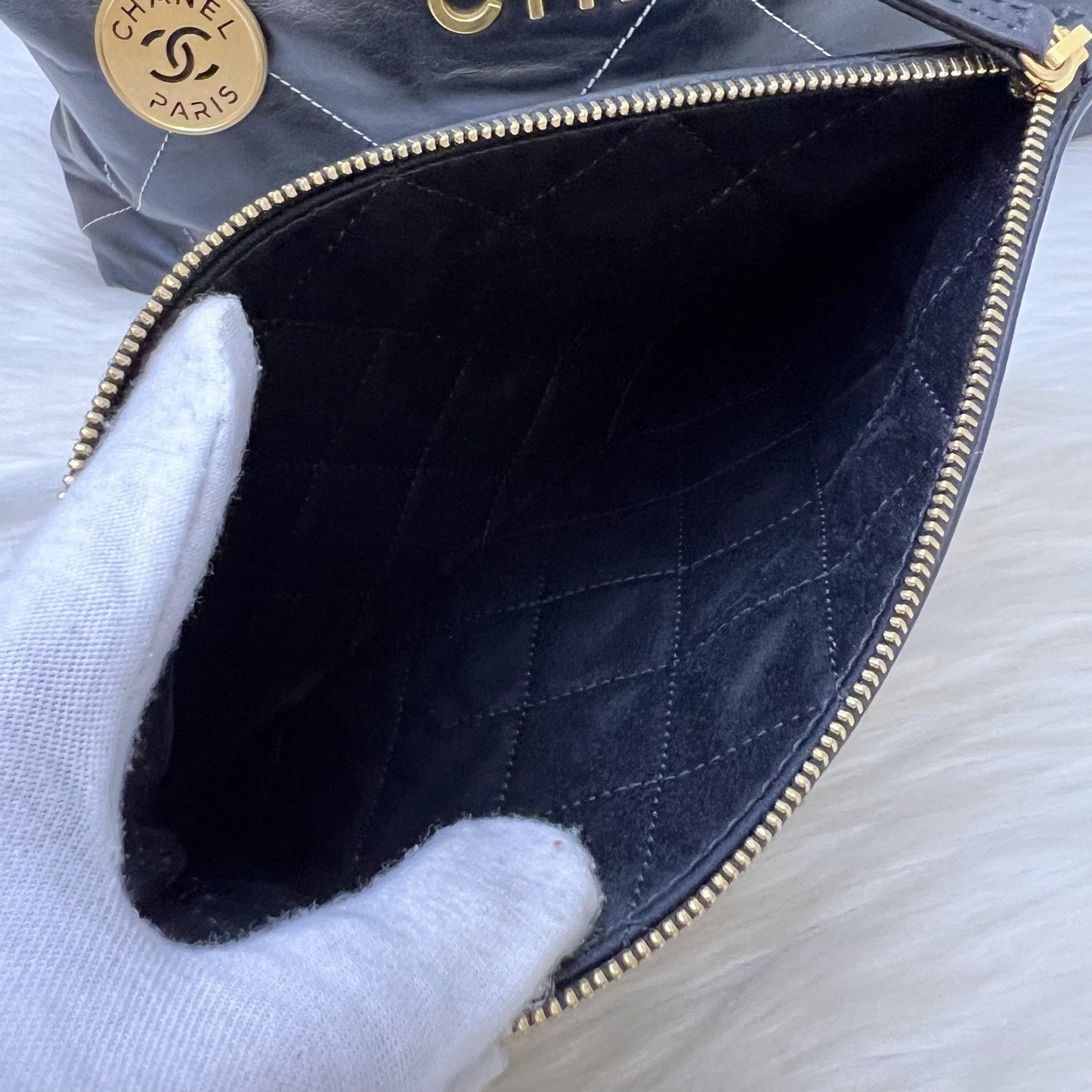 GLM-22 Medium Hobo Handbag in Black Calfskin with White Stitch Quilting and AGHW (Model: AS3261)