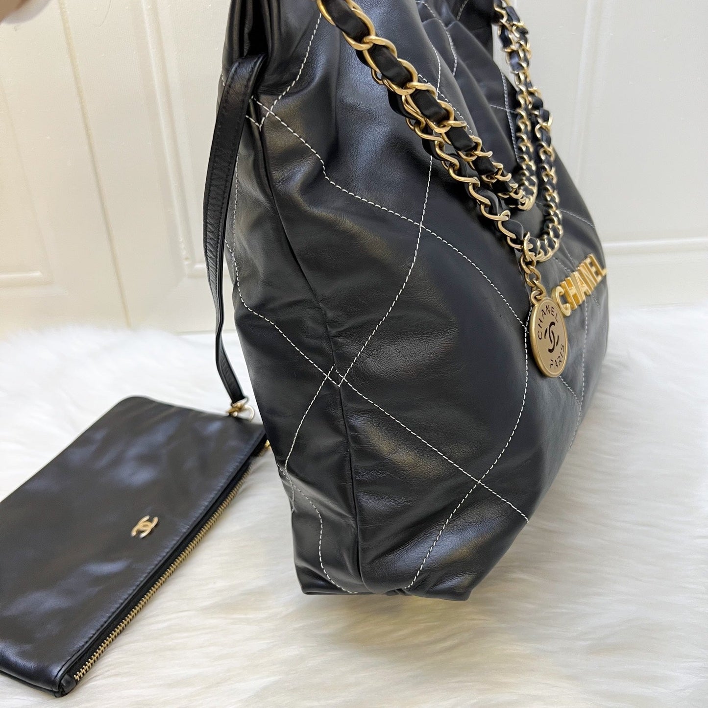 GLM-22 Medium Hobo Handbag in Black Calfskin with White Stitch Quilting and AGHW (Model: AS3261)