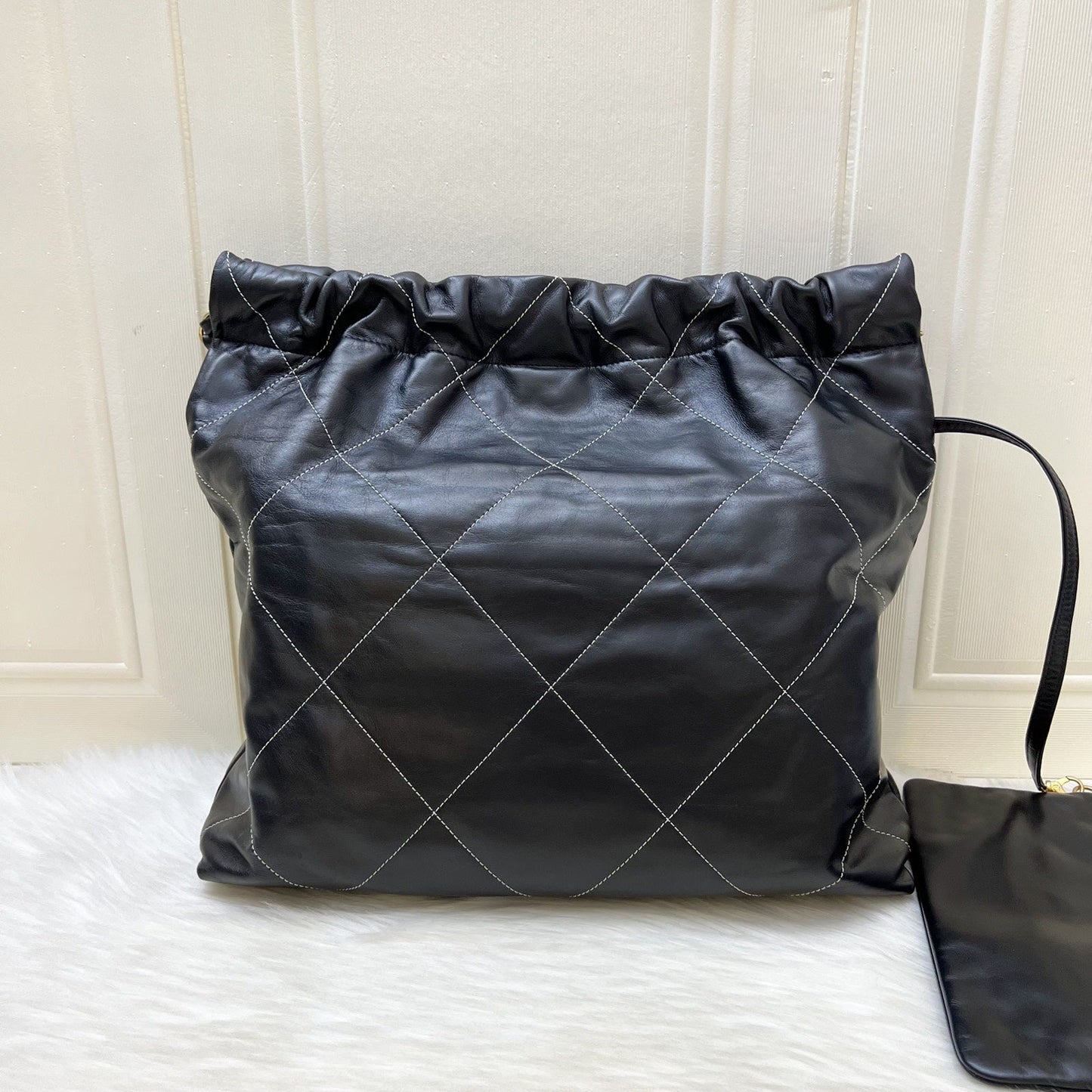 GLM-22 Medium Hobo Handbag in Black Calfskin with White Stitch Quilting and AGHW (Model: AS3261)