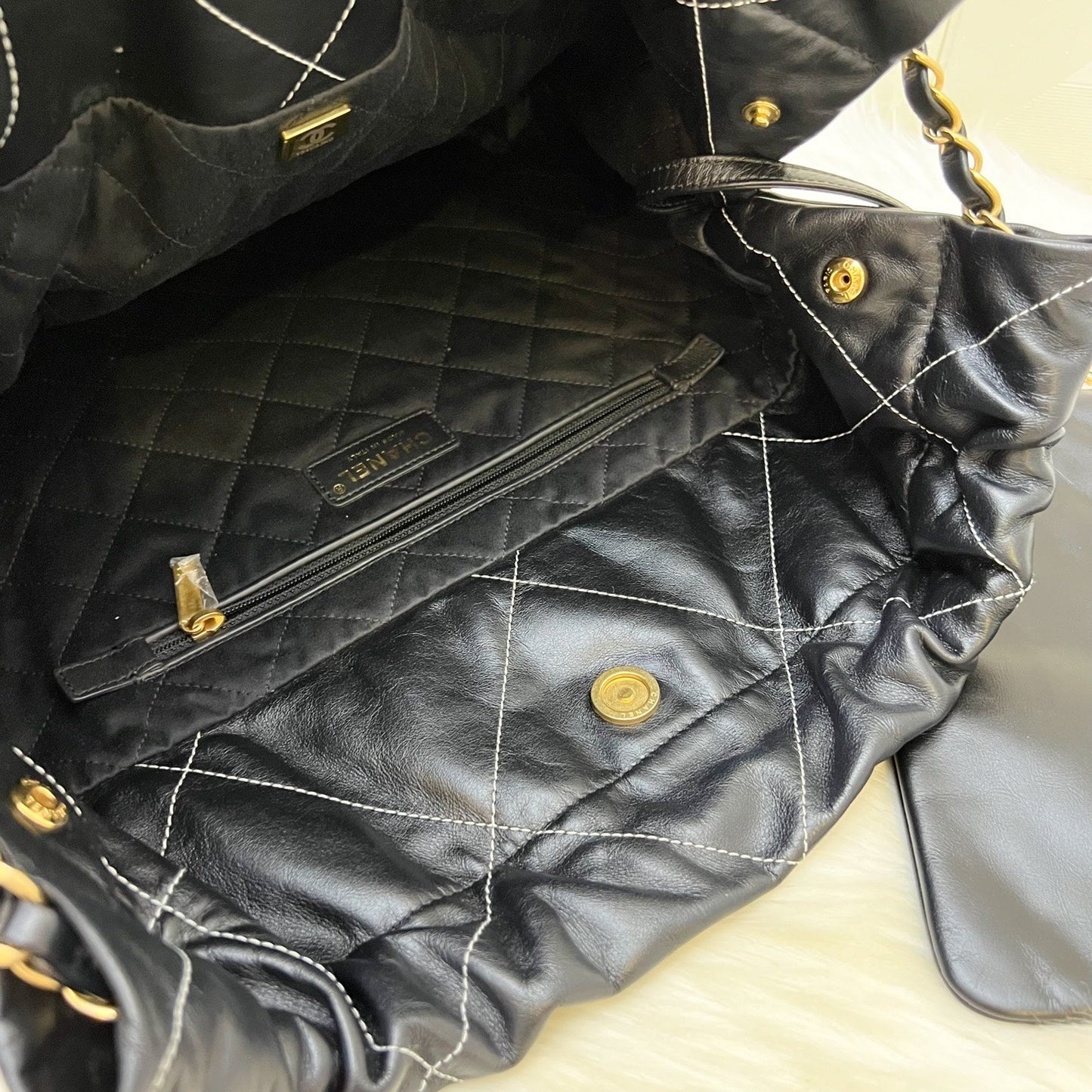 GLM-22 Medium Hobo Handbag in Black Calfskin with White Stitch Quilting and AGHW (Model: AS3261)