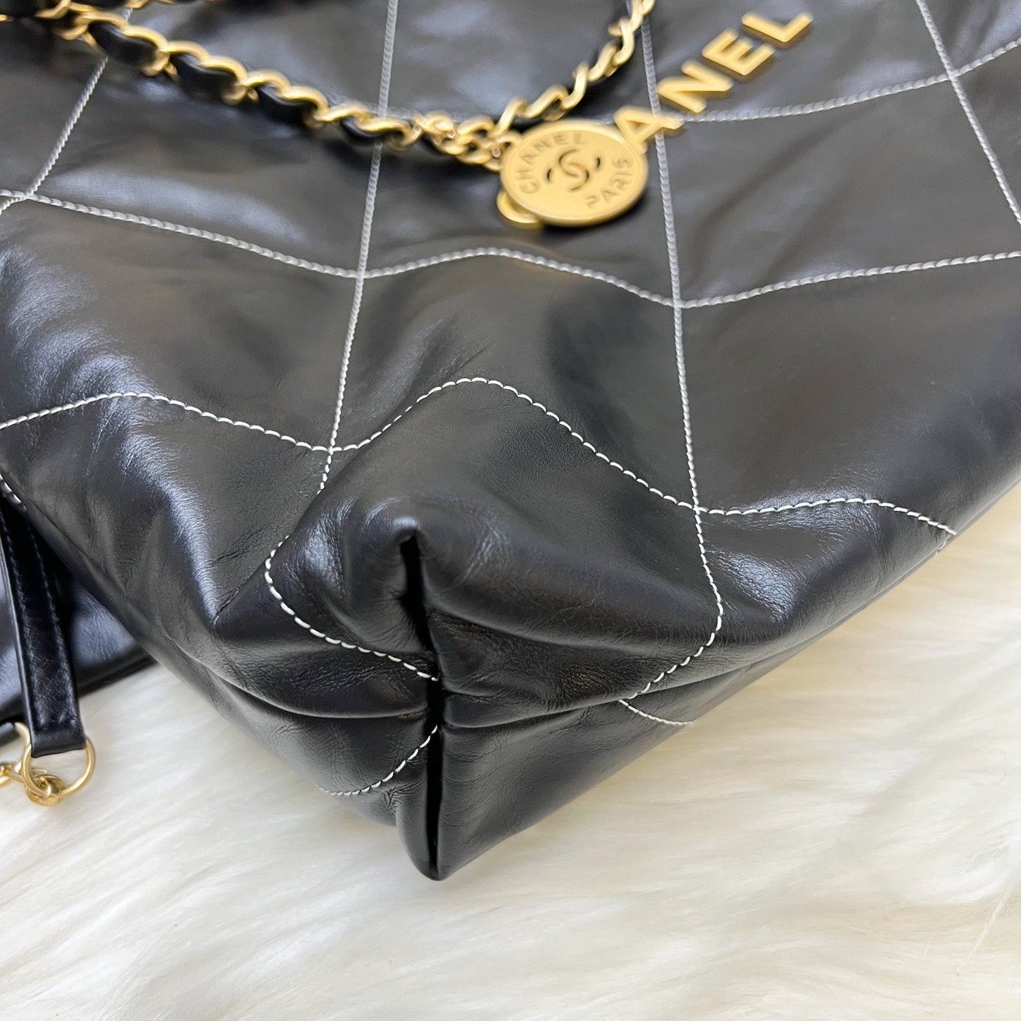 GLM-22 Medium Hobo Handbag in Black Calfskin with White Stitch Quilting and AGHW (Model: AS3261)