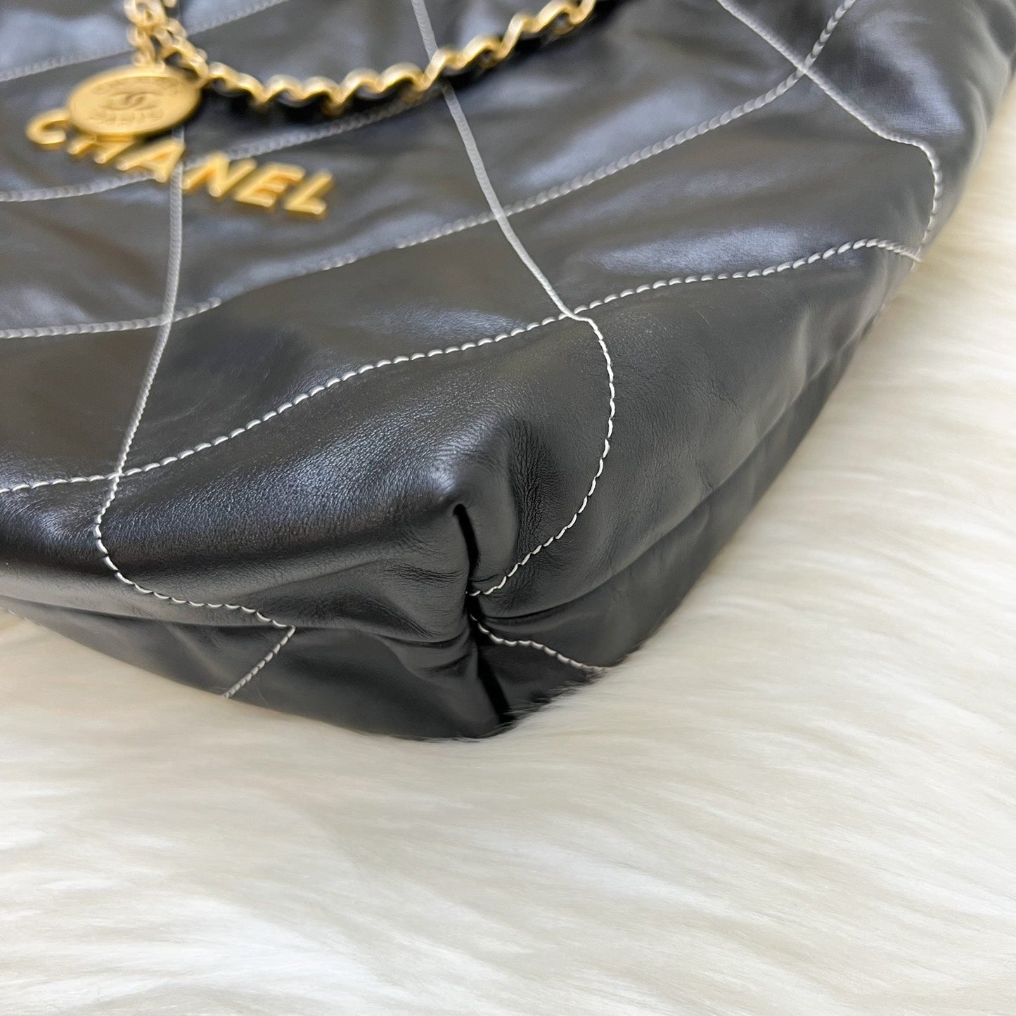 GLM-22 Medium Hobo Handbag in Black Calfskin with White Stitch Quilting and AGHW (Model: AS3261)