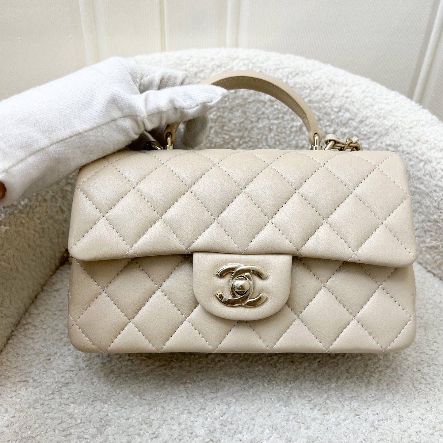 GLM-Top Handle Mini Rectangle Flap in 25P Beige Lambskin and LGHW