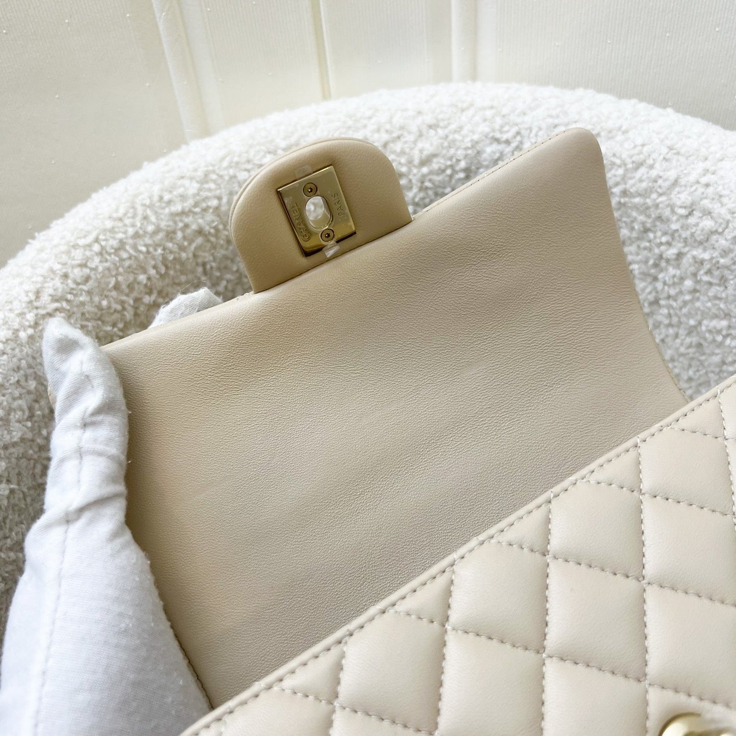 GLM-Top Handle Mini Rectangle Flap in 25P Beige Lambskin and LGHW