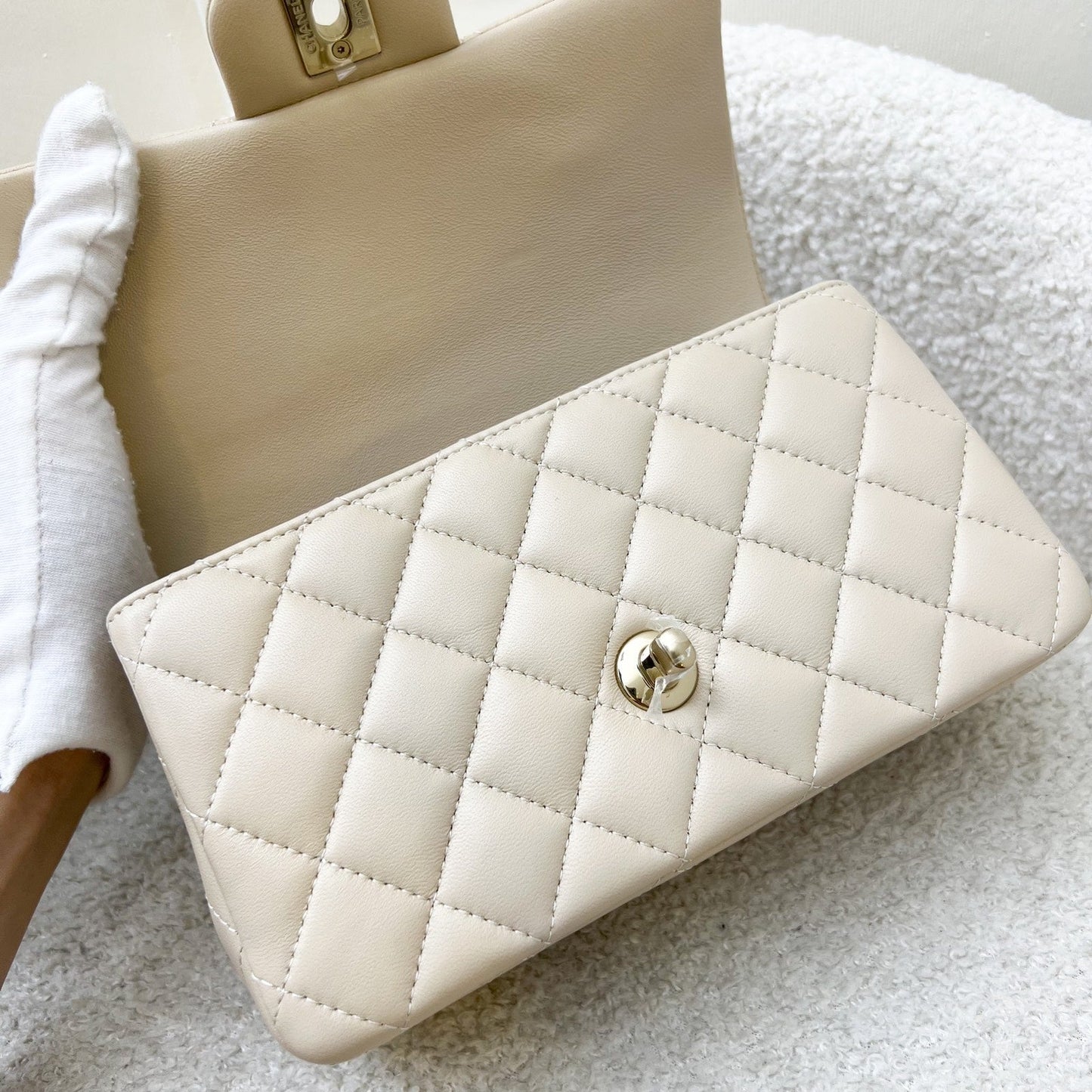 GLM-Top Handle Mini Rectangle Flap in 25P Beige Lambskin and LGHW