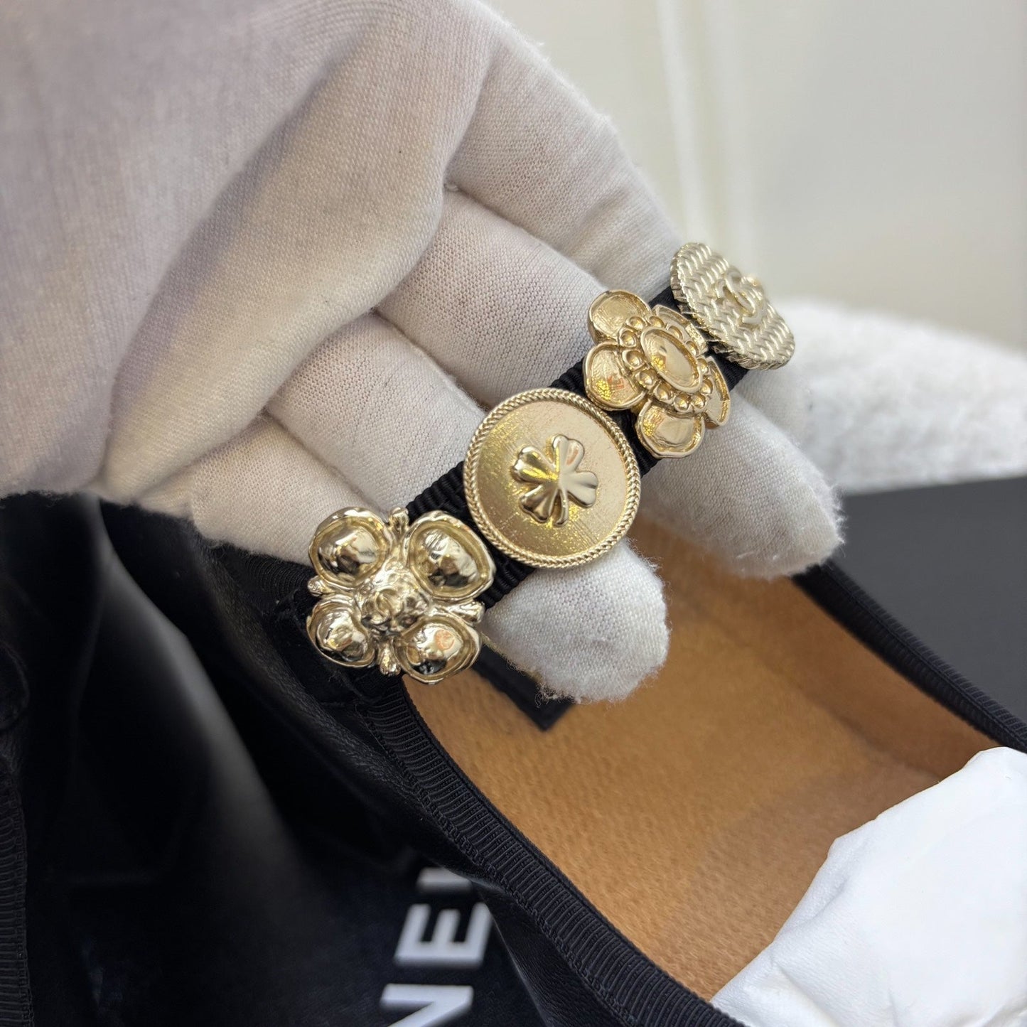 GLM-24A Mary Janes with Gold Charms and Buckle in Black Lambskin and AGHW Sz 37.5
