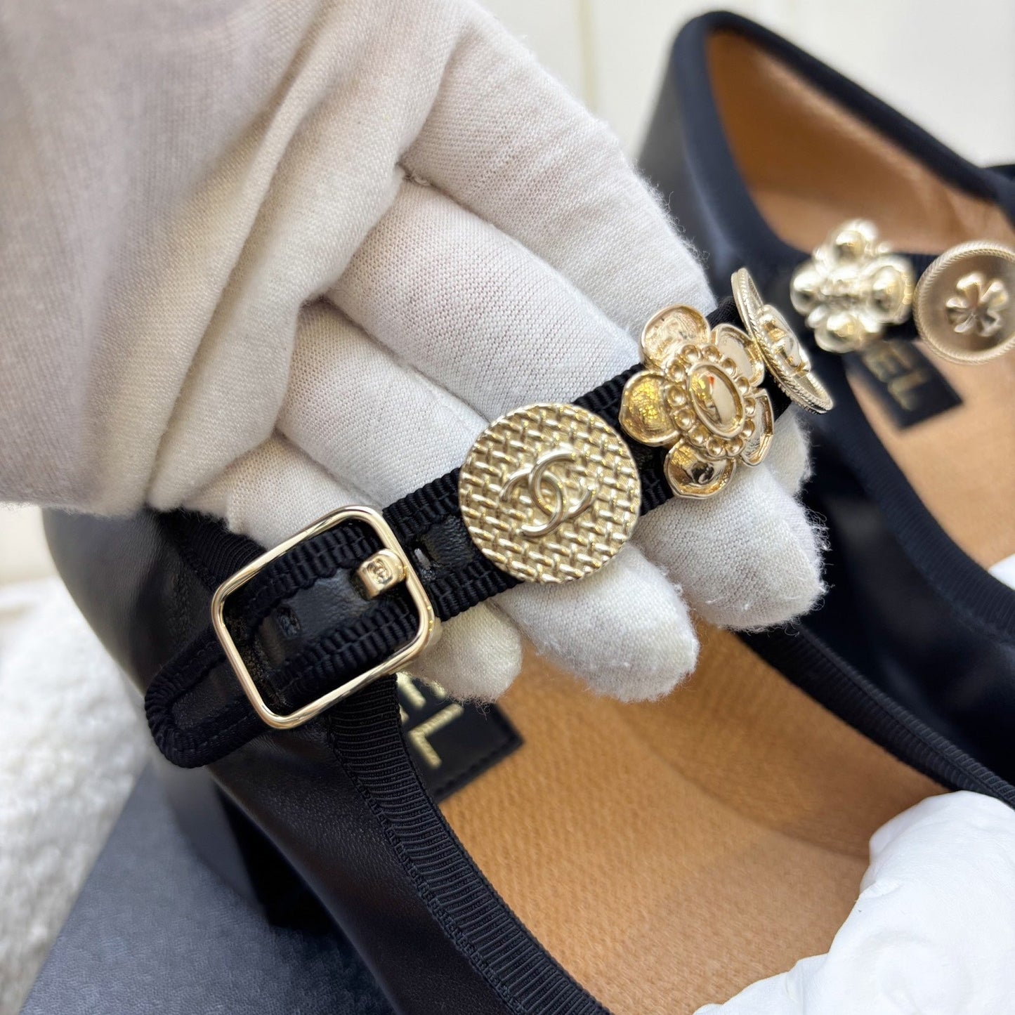 GLM-24A Mary Janes with Gold Charms and Buckle in Black Lambskin and AGHW Sz 37.5